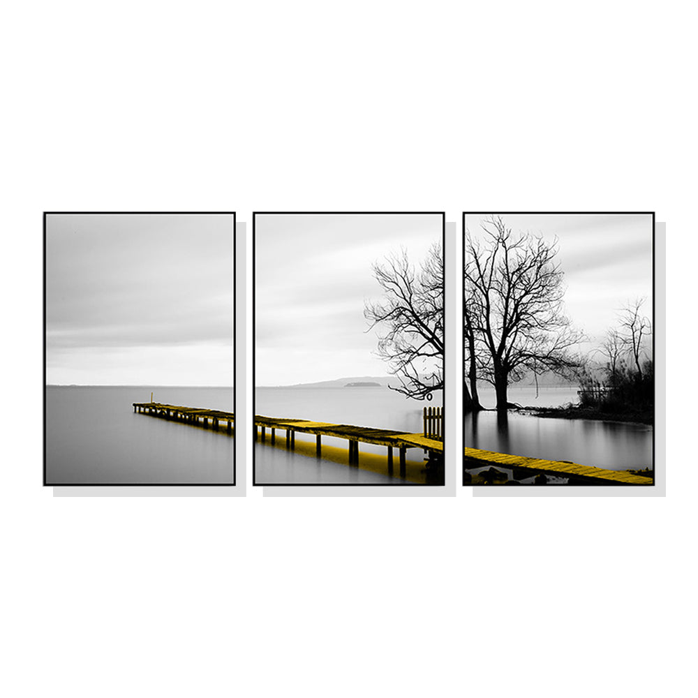 60cmx90cm Calm Lake Bridge Tree Scene 3 Sets Black Frame Canvas Wall Art-Home &amp; Garden &gt; Wall Art-PEROZ Accessories