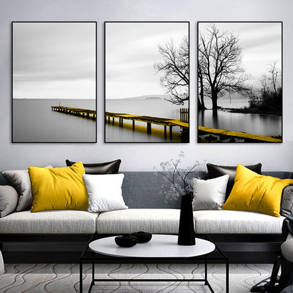 60cmx90cm Calm Lake Bridge Tree Scene 3 Sets Black Frame Canvas Wall Art-Home &amp; Garden &gt; Wall Art-PEROZ Accessories