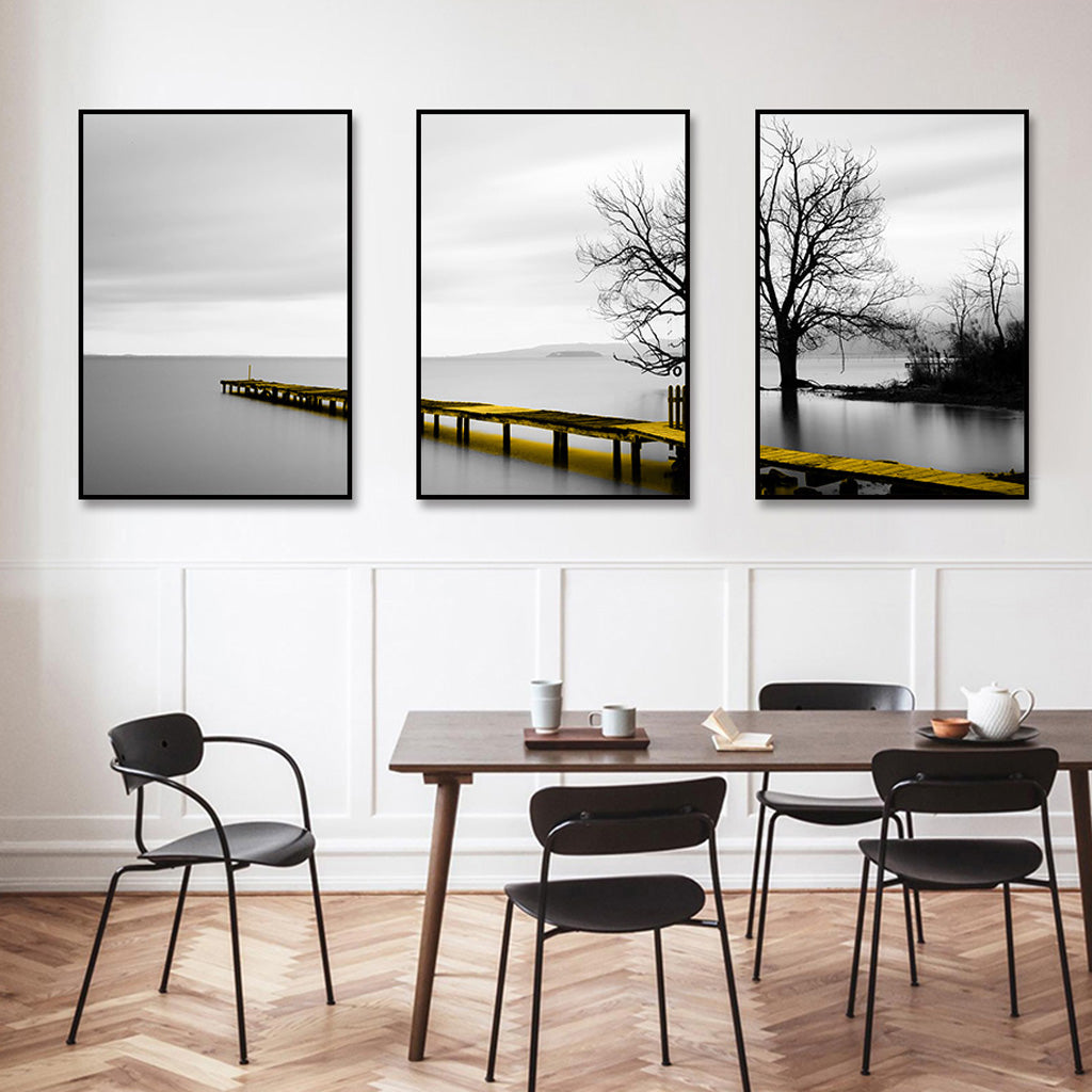 60cmx90cm Calm Lake Bridge Tree Scene 3 Sets Black Frame Canvas Wall Art-Home &amp; Garden &gt; Wall Art-PEROZ Accessories