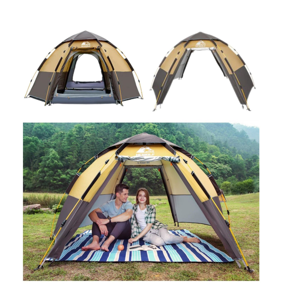 Waterproof Instant Camping Tent 4/5/6 Person Easy Quick Setup Dome Hexagonal Family Tents For Camping, Double Layer Flysheet Can Be Used As Beach Shelter-Outdoor &gt; Camping-PEROZ Accessories