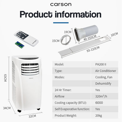 CARSON 3in1 Portable Air Conditioner 6000BTU Mobile Fan Cooler Cooling-Air Conditioners-PEROZ Accessories