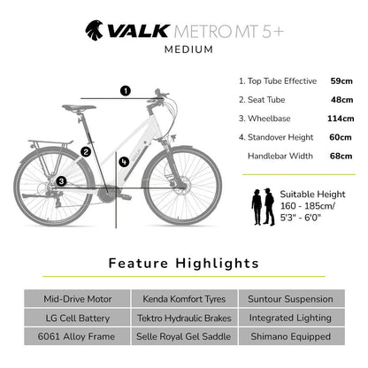 2023 VALK Metro MT 5 + Electric Hybrid Bike, Mid-Drive, Mixte Frame, Medium, White-Sports &amp; Fitness &gt; Bikes &amp; Accessories-PEROZ Accessories