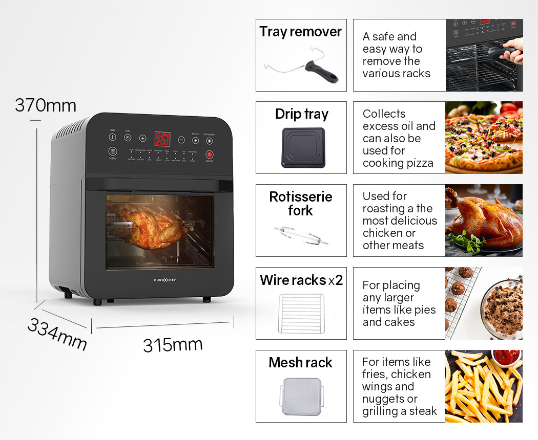 EUROCHEF 16L Air Fryer Electric Digital Airfryer Rotisserie Large Big Dry Black-Appliances &gt; Kitchen Appliances-PEROZ Accessories
