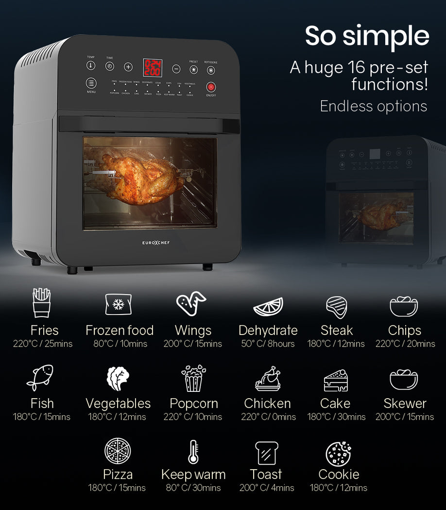 EUROCHEF 16L Air Fryer Electric Digital Airfryer Rotisserie Large Big Dry Black-Appliances &gt; Kitchen Appliances-PEROZ Accessories
