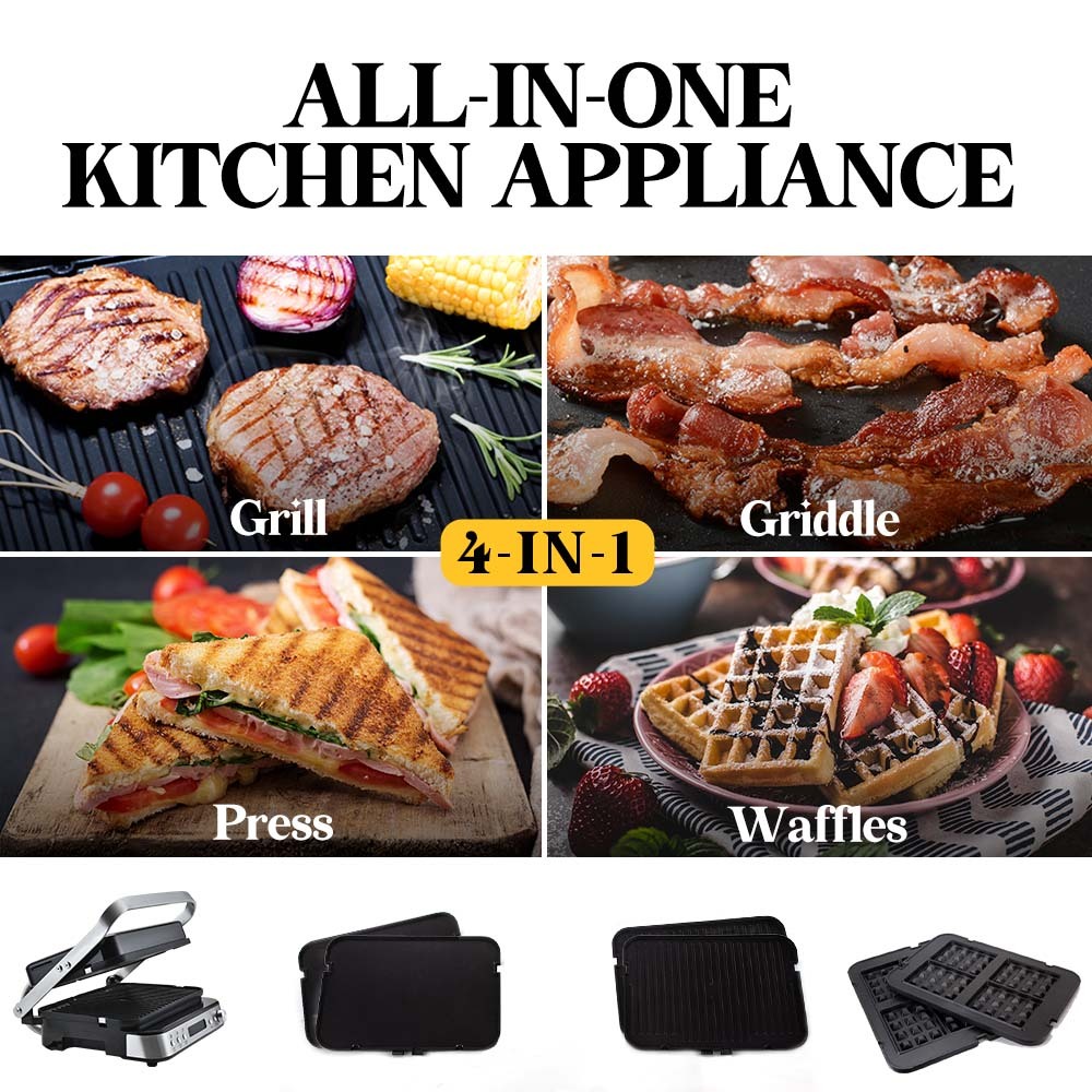 EUROCHEF Smart Multi Contact Grill Sandwich Press Panini Waffle Maker Griddle Stainless Steel-Appliances &gt; Kitchen Appliances-PEROZ Accessories