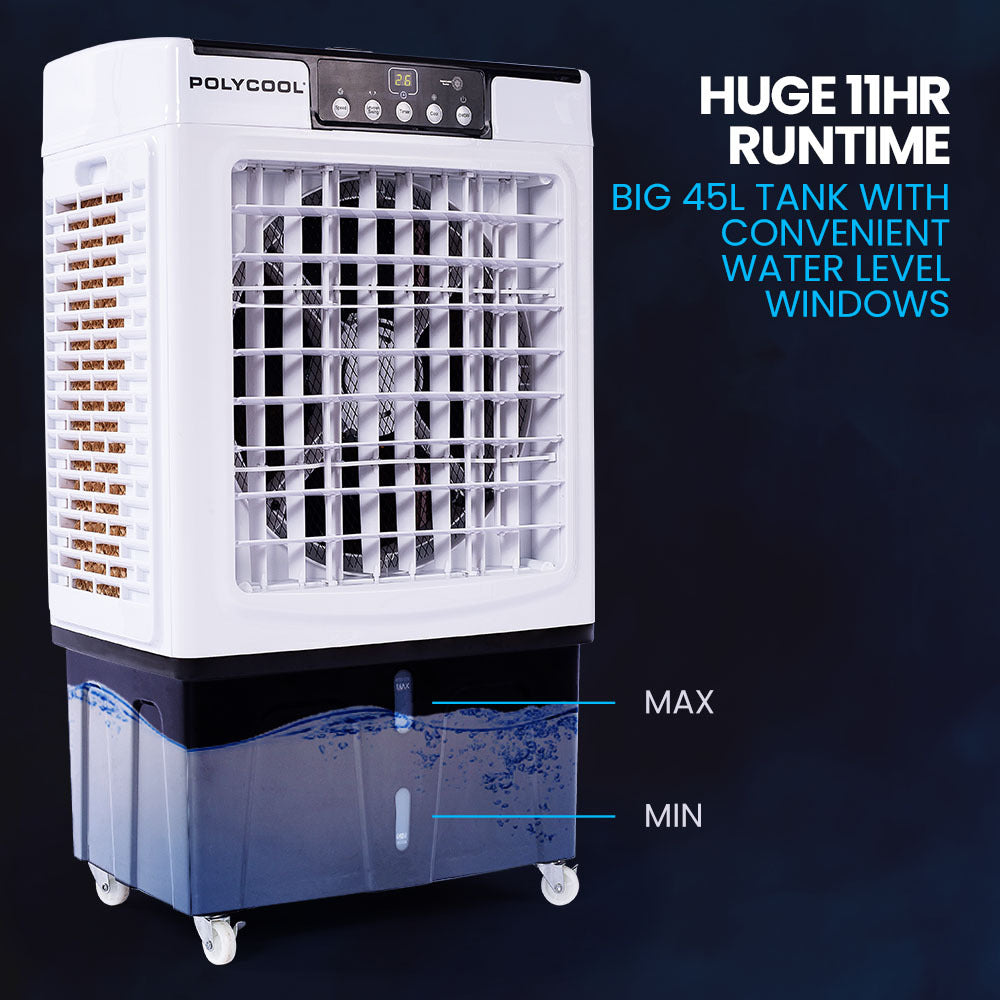 POLYCOOL 45L 125W Evaporative Air Cooler Portable Industrial Fan, Purifier, Humidifier, Remote Control-Air Conditioners-PEROZ Accessories