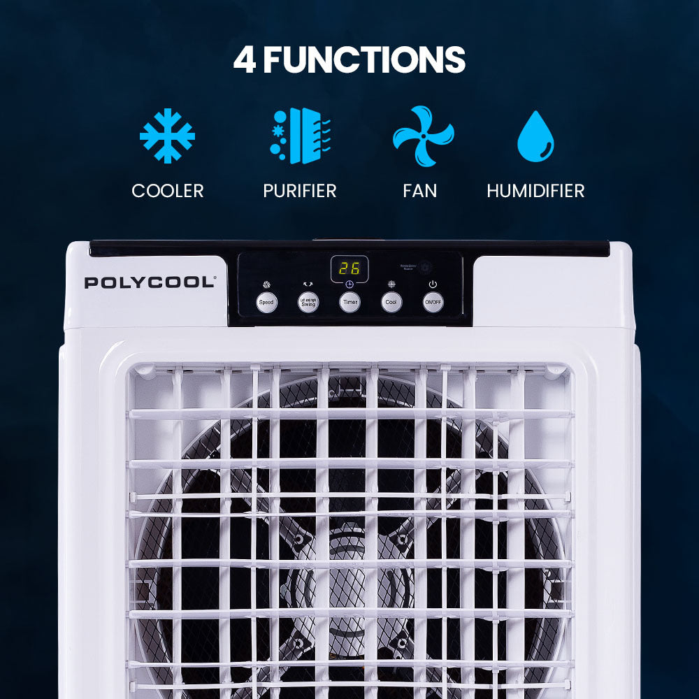 POLYCOOL 45L 125W Evaporative Air Cooler Portable Industrial Fan, Purifier, Humidifier, Remote Control-Air Conditioners-PEROZ Accessories