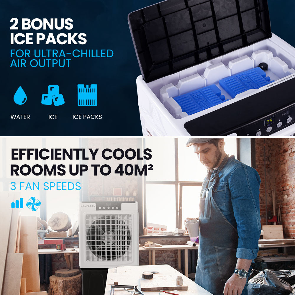 POLYCOOL 45L 125W Evaporative Air Cooler Portable Industrial Fan, Purifier, Humidifier, Remote Control-Air Conditioners-PEROZ Accessories