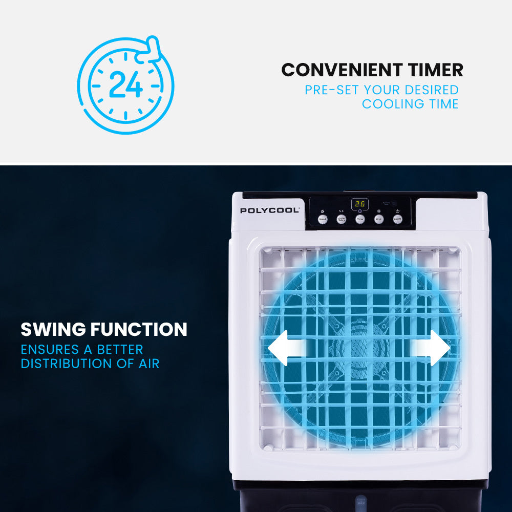 POLYCOOL 45L 125W Evaporative Air Cooler Portable Industrial Fan, Purifier, Humidifier, Remote Control-Air Conditioners-PEROZ Accessories