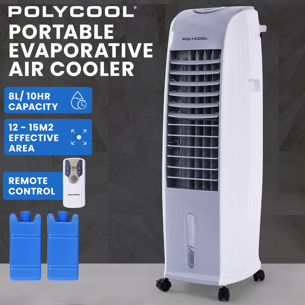 POLYCOOL 8L Portable Evaporative Air Cooler 24 Hour Timer 4 in 1 Cooling Fan, Grey and White-Air Conditioners-PEROZ Accessories