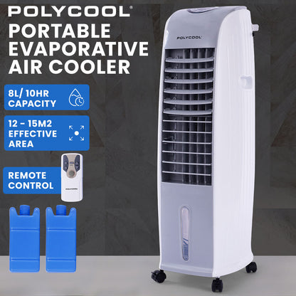 POLYCOOL 8L Portable Evaporative Air Cooler 24 Hour Timer 4 in 1 Cooling Fan, Grey and White-Air Conditioners-PEROZ Accessories