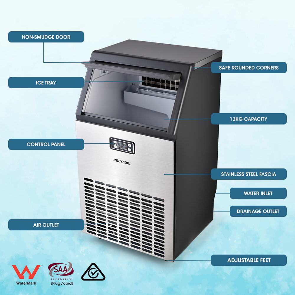 POLYCOOL Ice Cube Maker 45-65kg Commercial Ice Machine Stainless Steel Automatic with LCD Screen-Appliances &gt; Kitchen Appliances-PEROZ Accessories