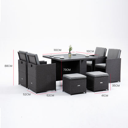 LONDON RATTAN Outdoor Dining Table 9 Piece Furniture Wicker Set, Grey-Furniture &gt; Outdoor-PEROZ Accessories