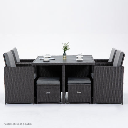 LONDON RATTAN Outdoor Dining Table 9 Piece Furniture Wicker Set, Grey-Furniture &gt; Outdoor-PEROZ Accessories