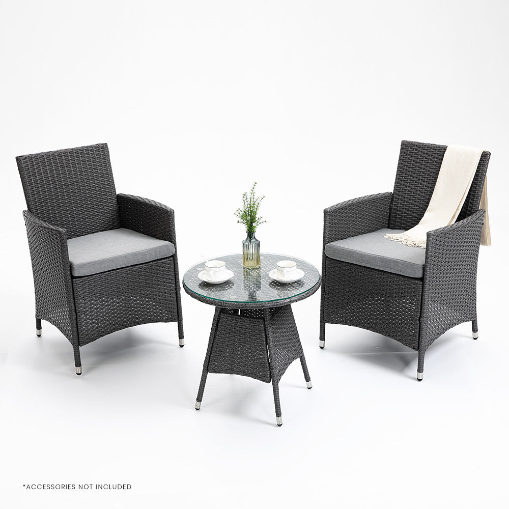LONDON RATTAN 3 Piece Outdoor Furniture Set with Table and Chairs, Grey-Furniture &gt; Outdoor-PEROZ Accessories