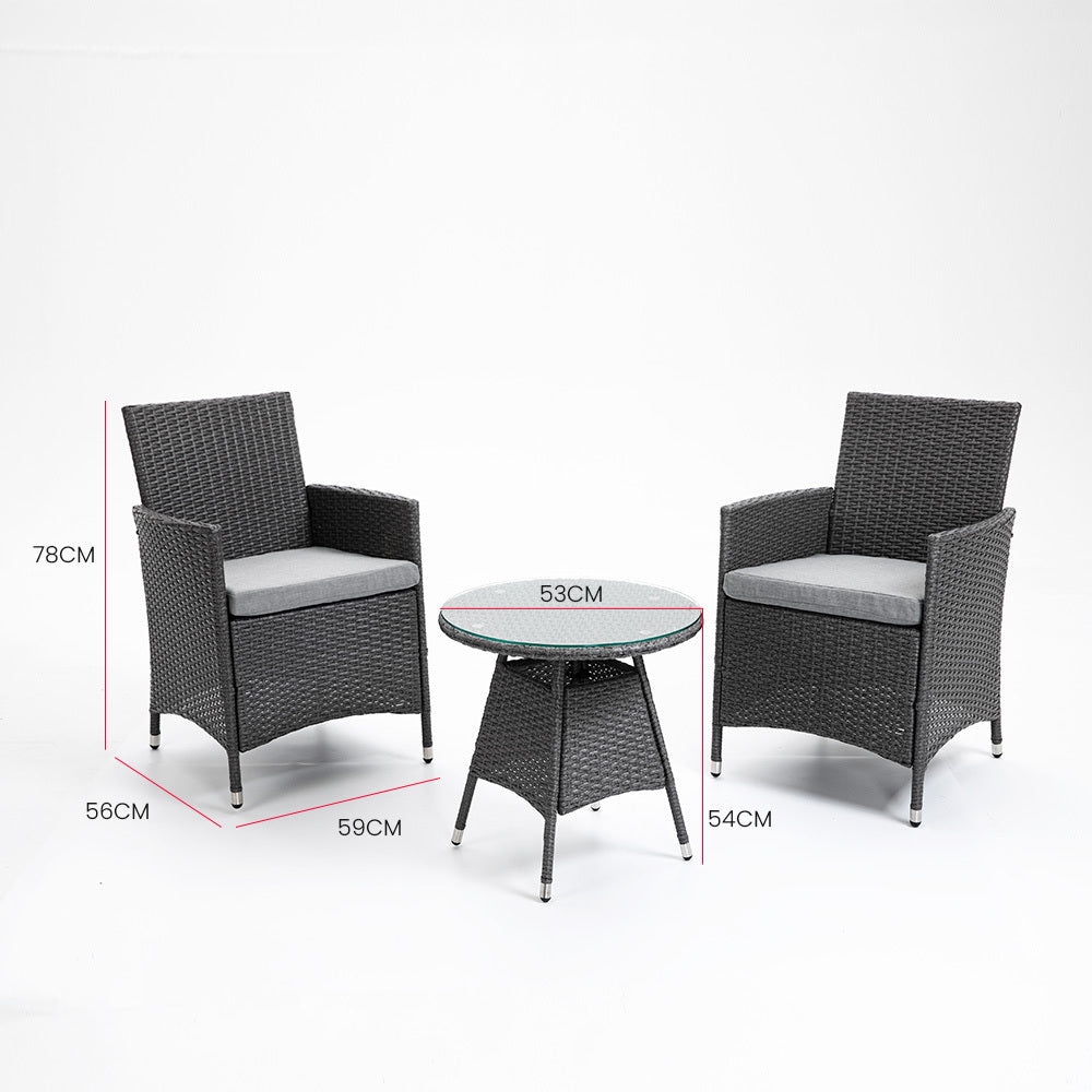 LONDON RATTAN 3 Piece Outdoor Furniture Set with Table and Chairs, Grey-Furniture &gt; Outdoor-PEROZ Accessories