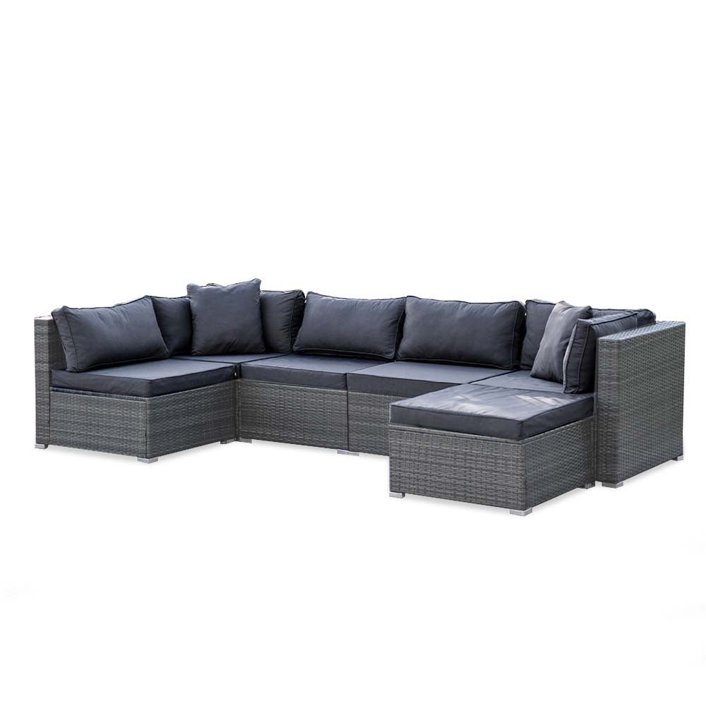 LONDON RATTAN 6 Seater Modular Outdoor Lounge Setting with Ottoman, Grey-Furniture &gt; Outdoor-PEROZ Accessories