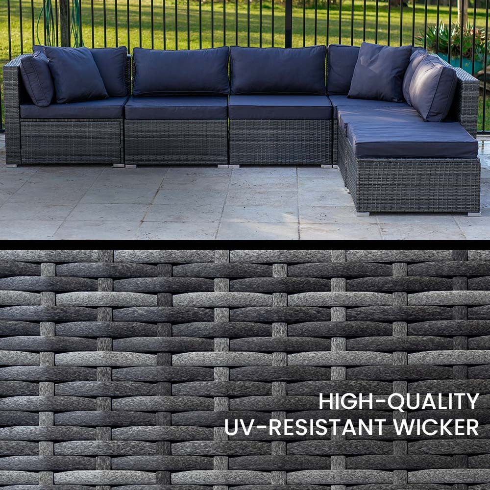 LONDON RATTAN 6 Seater Modular Outdoor Lounge Setting with Ottoman, Grey-Furniture &gt; Outdoor-PEROZ Accessories