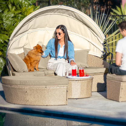 LONDON RATTAN 4pc Day Bed Round Lounge Outdoor Furniture, Beige Wicker and Canopy-Furniture &gt; Outdoor-PEROZ Accessories