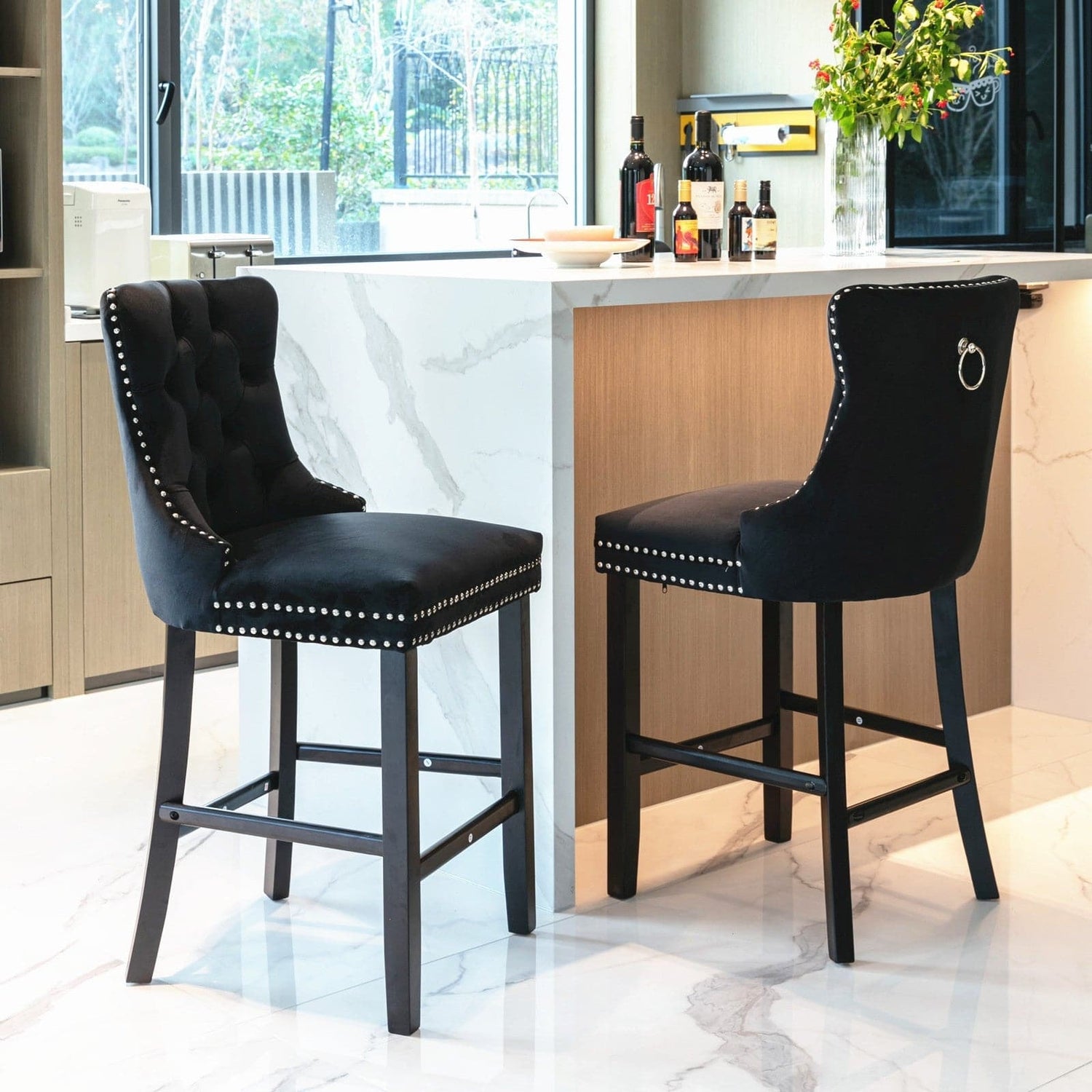 6X Velvet Bar Stools with Studs Trim Wooden Legs Tufted Dining Chairs Kitchen-Furniture &gt; Bar Stools &amp; Chairs-PEROZ Accessories