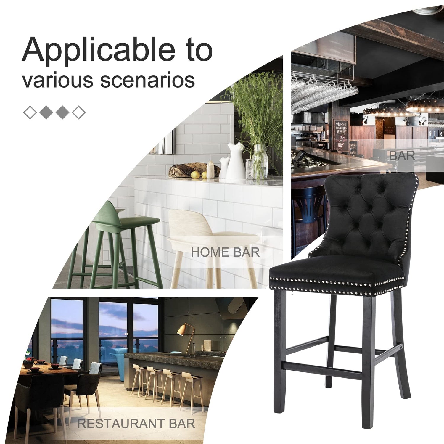 6X Velvet Bar Stools with Studs Trim Wooden Legs Tufted Dining Chairs Kitchen-Furniture &gt; Bar Stools &amp; Chairs-PEROZ Accessories