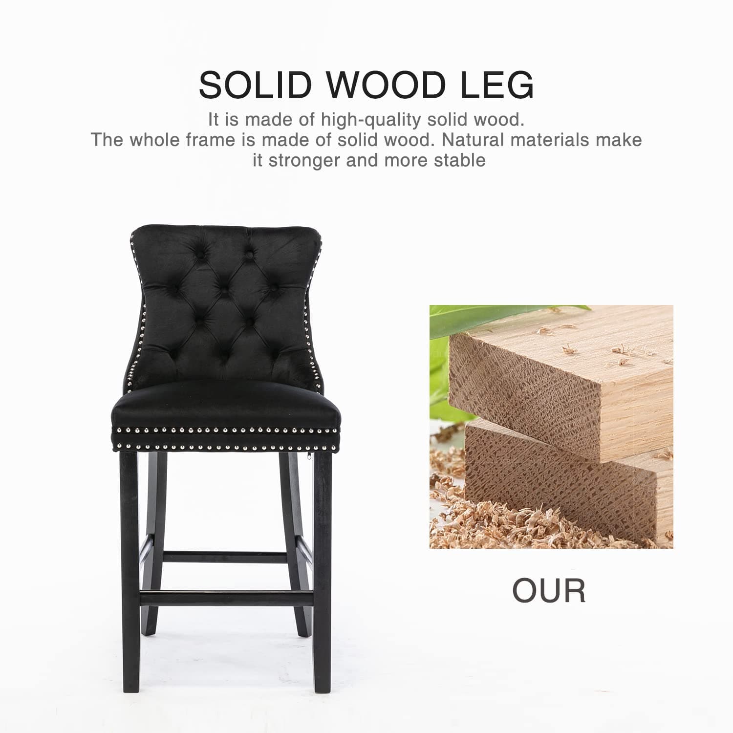 6X Velvet Bar Stools with Studs Trim Wooden Legs Tufted Dining Chairs Kitchen-Furniture &gt; Bar Stools &amp; Chairs-PEROZ Accessories