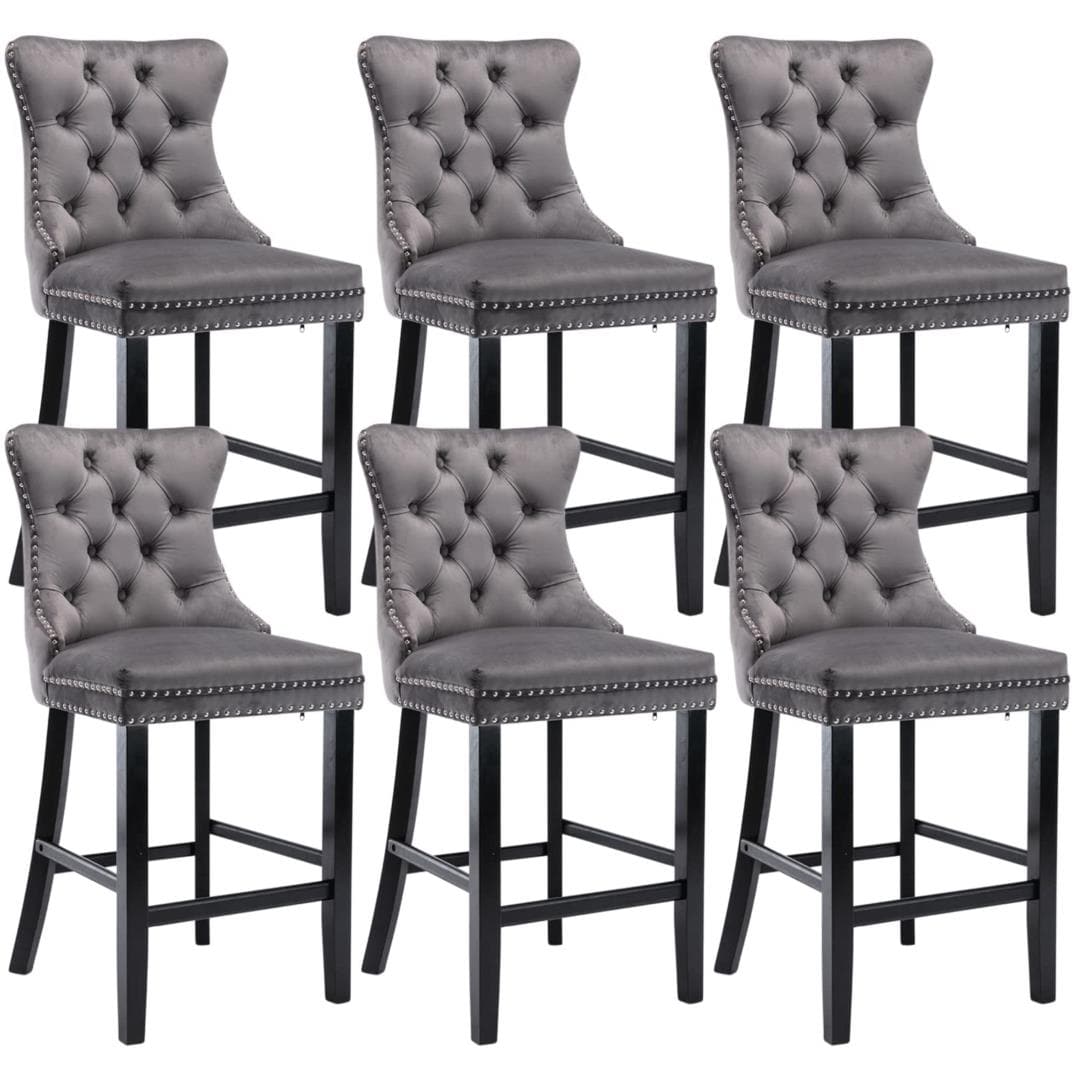 6X Velvet Bar Stools with Studs Trim Wooden Legs Tufted Dining Chairs Kitchen-Furniture &gt; Bar Stools &amp; Chairs-PEROZ Accessories