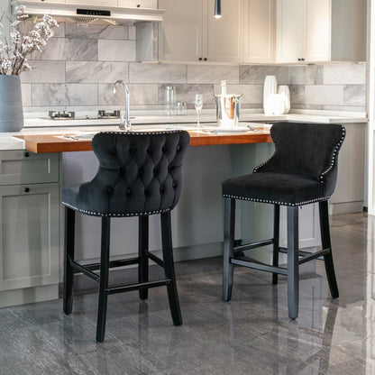 4x Velvet Upholstered Button Tufted Bar Stools with Wood Legs and Studs-Black-Furniture &gt; Bar Stools &amp; Chairs-PEROZ Accessories