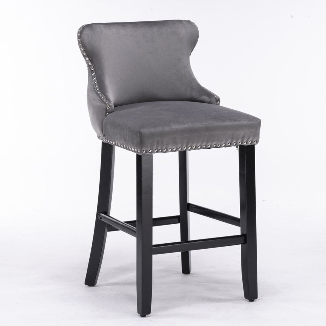4x Velvet Upholstered Button Tufted Bar Stools with Wood Legs and Studs-Grey-Furniture &gt; Bar Stools &amp; Chairs-PEROZ Accessories