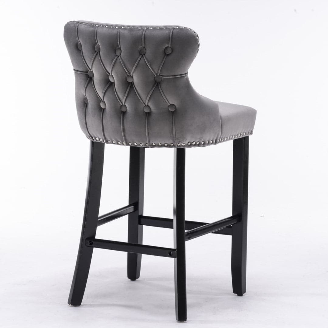 4x Velvet Upholstered Button Tufted Bar Stools with Wood Legs and Studs-Grey-Furniture &gt; Bar Stools &amp; Chairs-PEROZ Accessories
