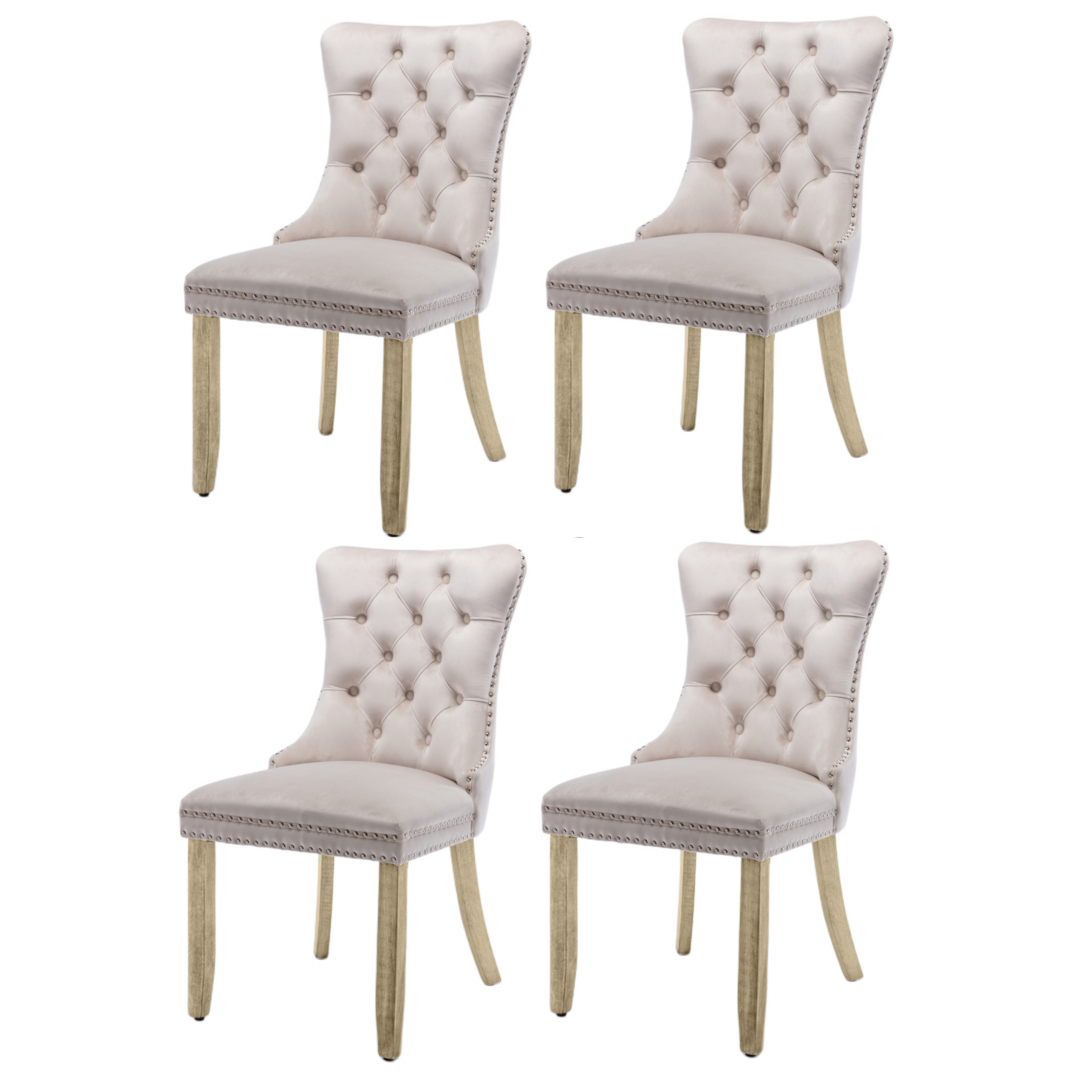 4x Velvet Dining Chairs Upholstered Tufted Kithcen Chair with Solid Wood Legs Stud Trim and Ring-Beige-Furniture &gt; Bar Stools &amp; Chairs-PEROZ Accessories