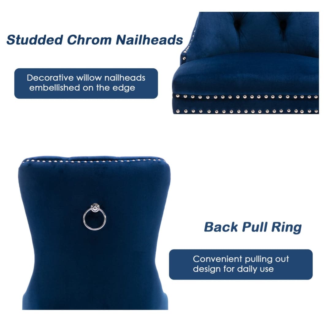 4x Velvet Dining Chairs Upholstered Tufted Kithcen Chair with Solid Wood Legs Stud Trim and Ring-Blue-Furniture &gt; Bar Stools &amp; Chairs-PEROZ Accessories