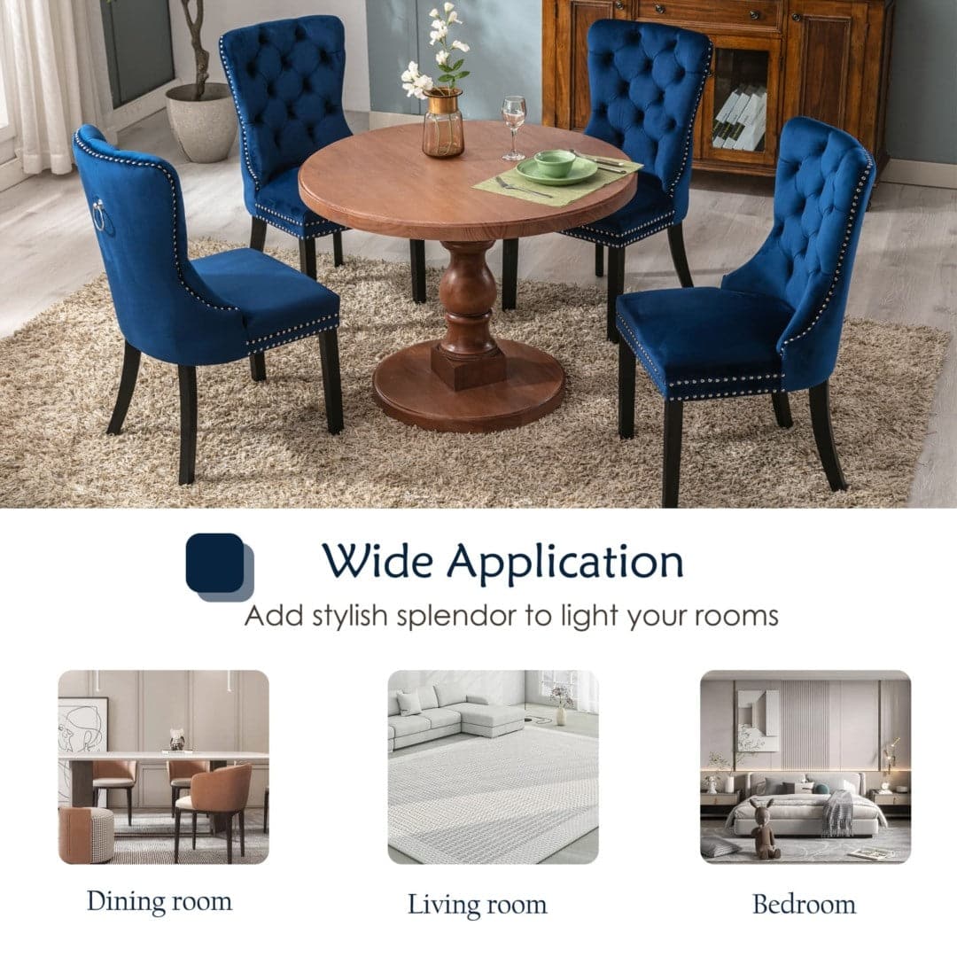 4x Velvet Dining Chairs Upholstered Tufted Kithcen Chair with Solid Wood Legs Stud Trim and Ring-Blue-Furniture &gt; Bar Stools &amp; Chairs-PEROZ Accessories