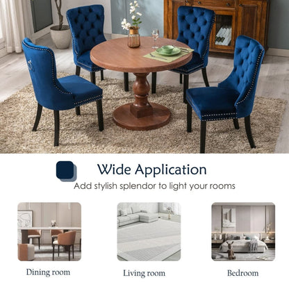 4x Velvet Dining Chairs Upholstered Tufted Kithcen Chair with Solid Wood Legs Stud Trim and Ring-Blue-Furniture &gt; Bar Stools &amp; Chairs-PEROZ Accessories