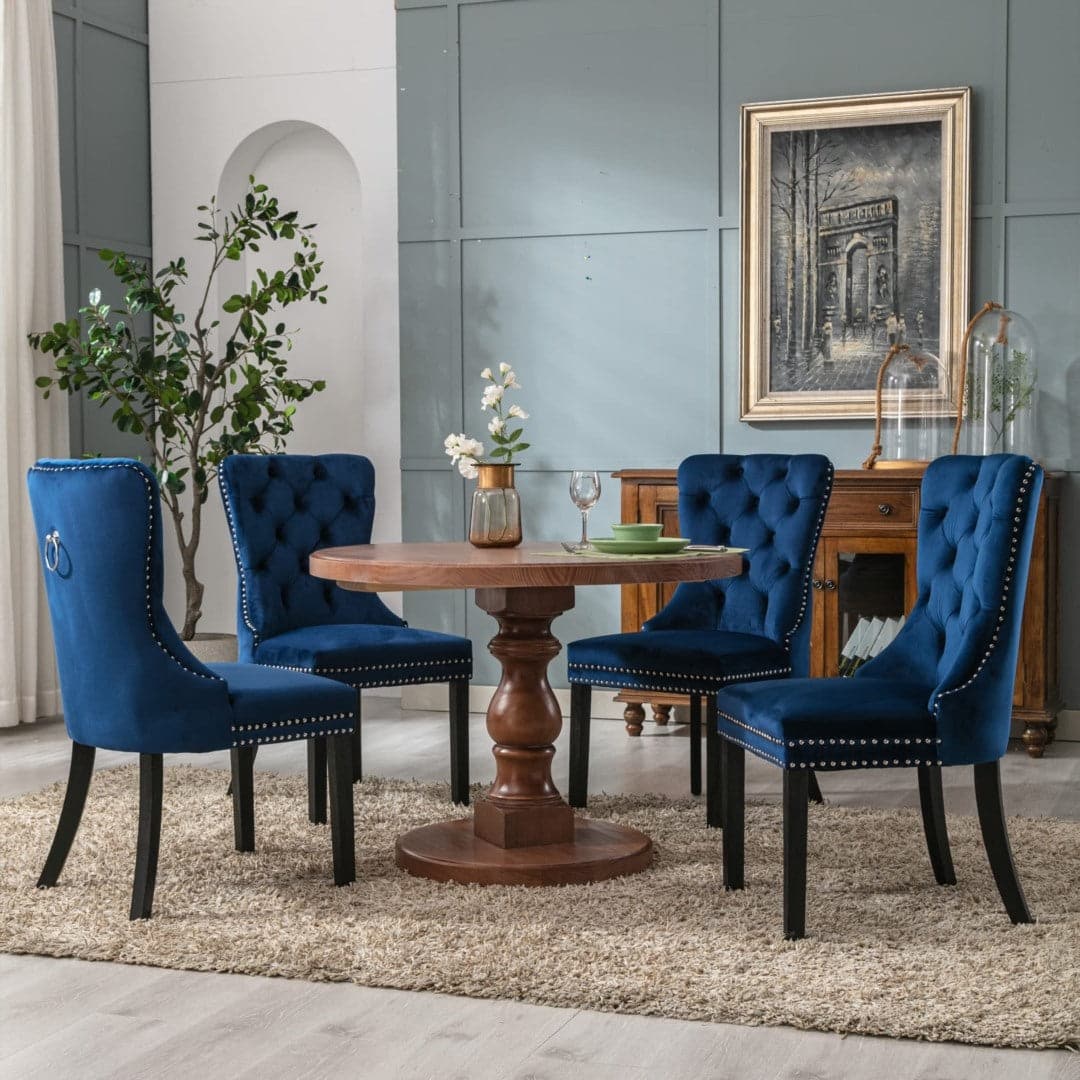 4x Velvet Dining Chairs Upholstered Tufted Kithcen Chair with Solid Wood Legs Stud Trim and Ring-Blue-Furniture &gt; Bar Stools &amp; Chairs-PEROZ Accessories