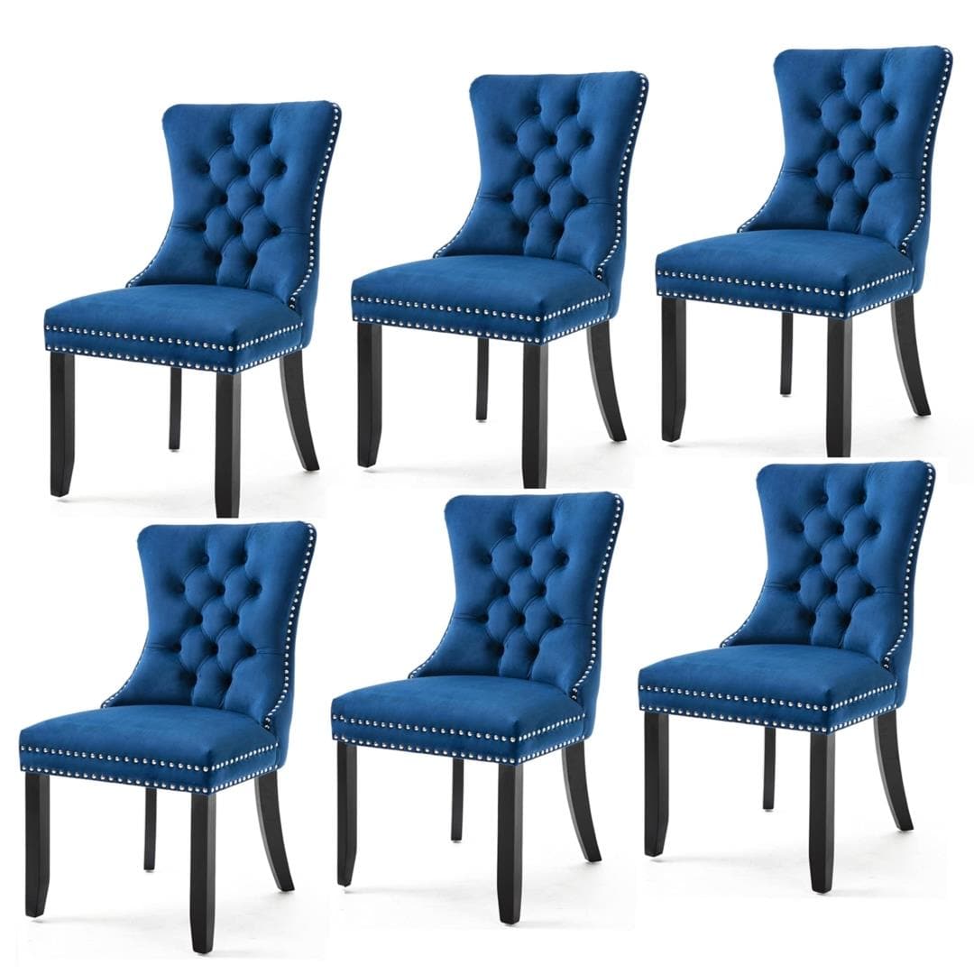 6x Velvet Dining Chairs Upholstered Tufted Kithcen Chair with Solid Wood Legs Stud Trim and Ring-Blue-Furniture &gt; Bar Stools &amp; Chairs-PEROZ Accessories