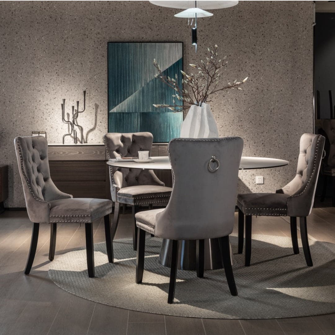 8x Velvet Dining Chairs Upholstered Tufted Kithcen Chair with Solid Wood Legs Stud Trim and Ring-Gray-Furniture &gt; Bar Stools &amp; Chairs-PEROZ Accessories