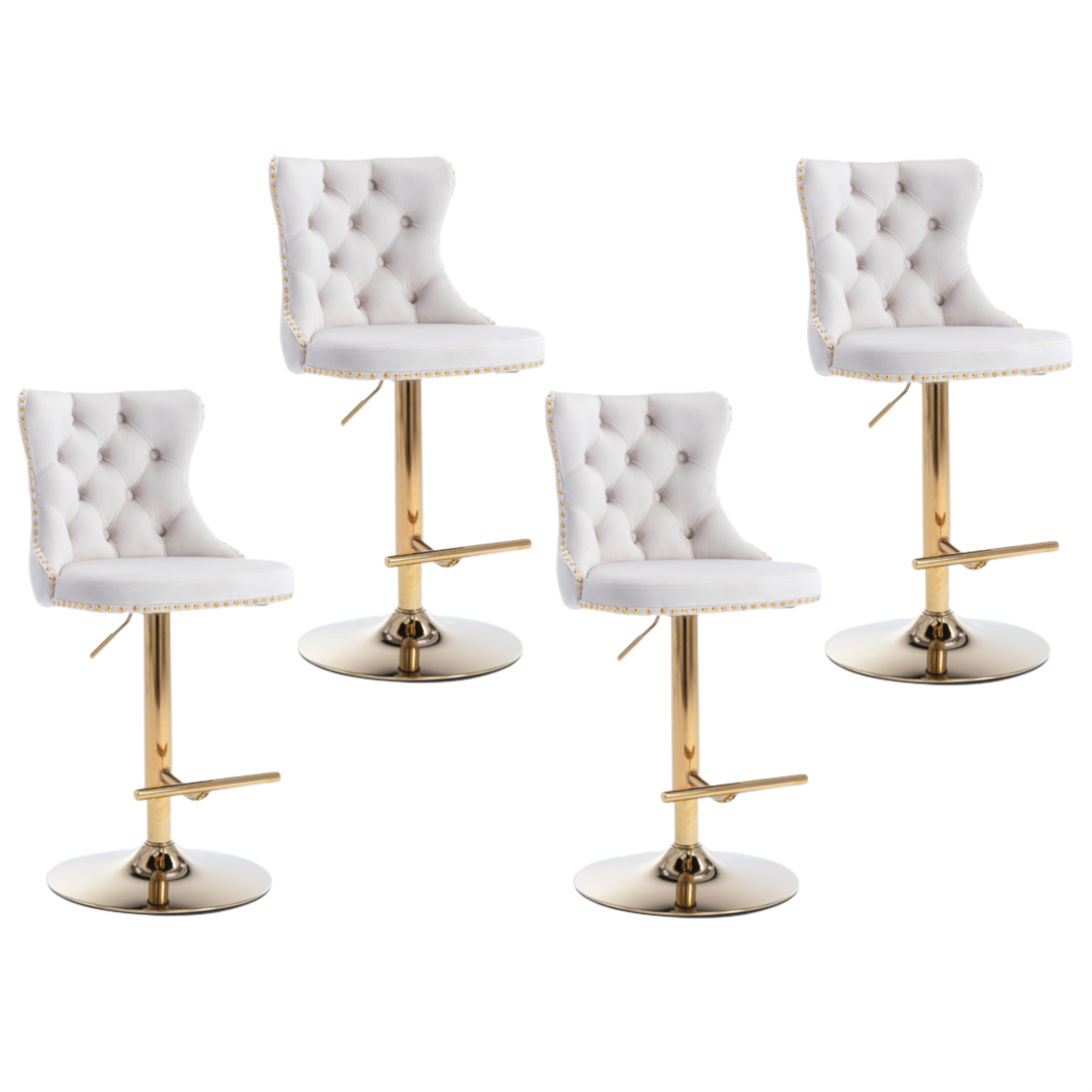 4x Height Adjustable Swivel Bar Stool Velvet Studs Barstool with Footrest and Golden Base- Beige-Furniture &gt; Bar Stools &amp; Chairs-PEROZ Accessories