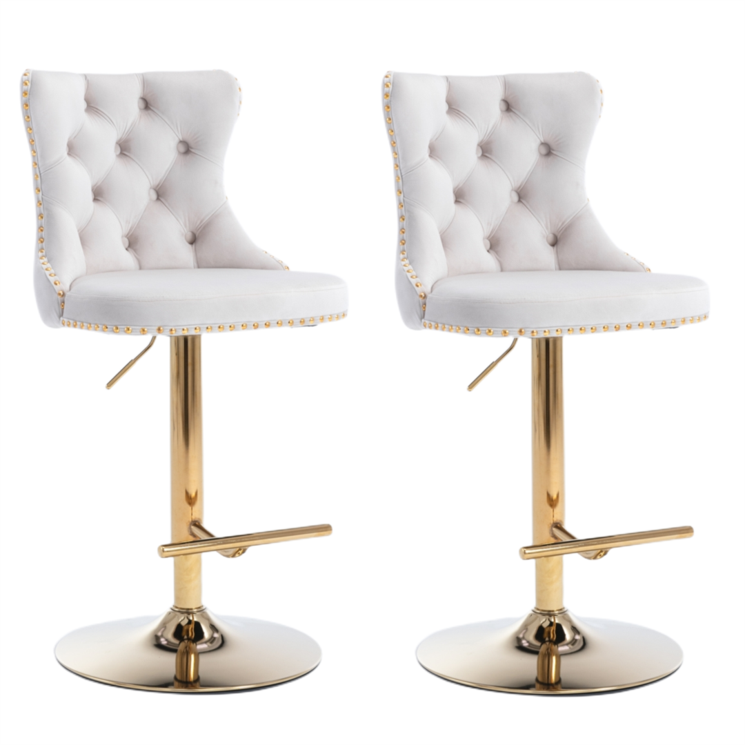 4x Height Adjustable Swivel Bar Stool Velvet Studs Barstool with Footrest and Golden Base- Beige-Furniture &gt; Bar Stools &amp; Chairs-PEROZ Accessories