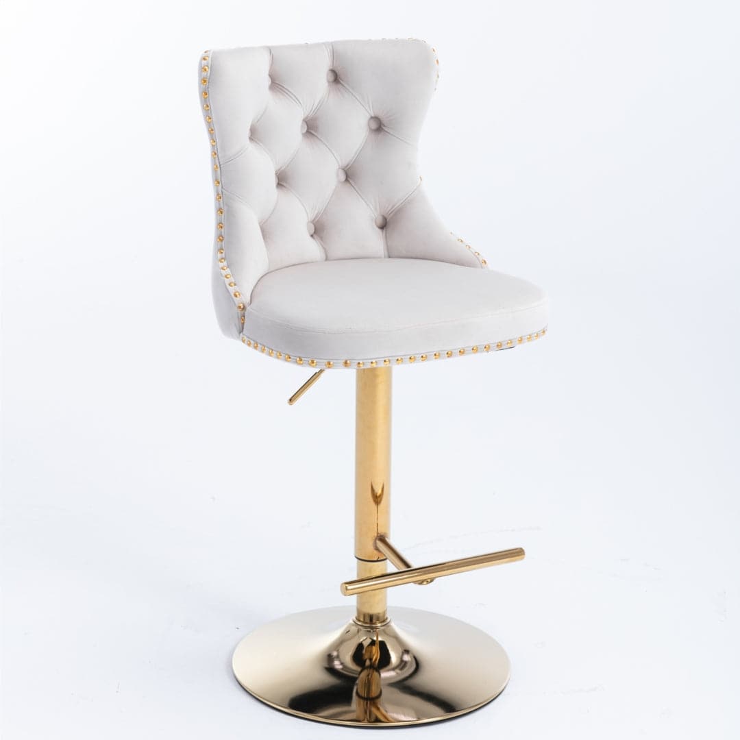 4x Height Adjustable Swivel Bar Stool Velvet Studs Barstool with Footrest and Golden Base- Beige-Furniture &gt; Bar Stools &amp; Chairs-PEROZ Accessories