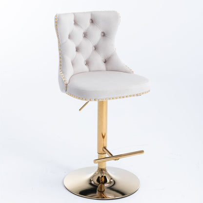 4x Height Adjustable Swivel Bar Stool Velvet Studs Barstool with Footrest and Golden Base- Beige-Furniture &gt; Bar Stools &amp; Chairs-PEROZ Accessories