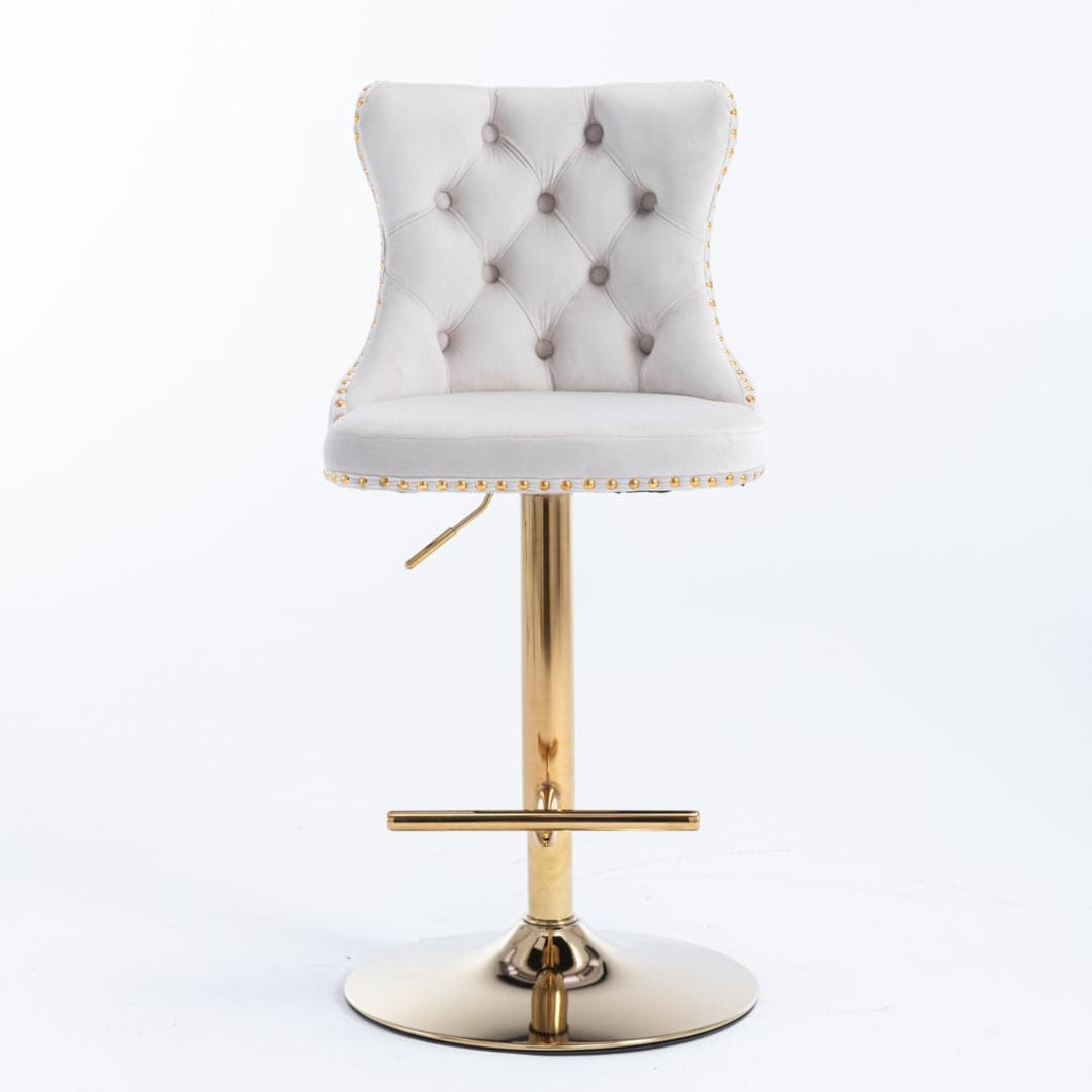 4x Height Adjustable Swivel Bar Stool Velvet Studs Barstool with Footrest and Golden Base- Beige-Furniture &gt; Bar Stools &amp; Chairs-PEROZ Accessories
