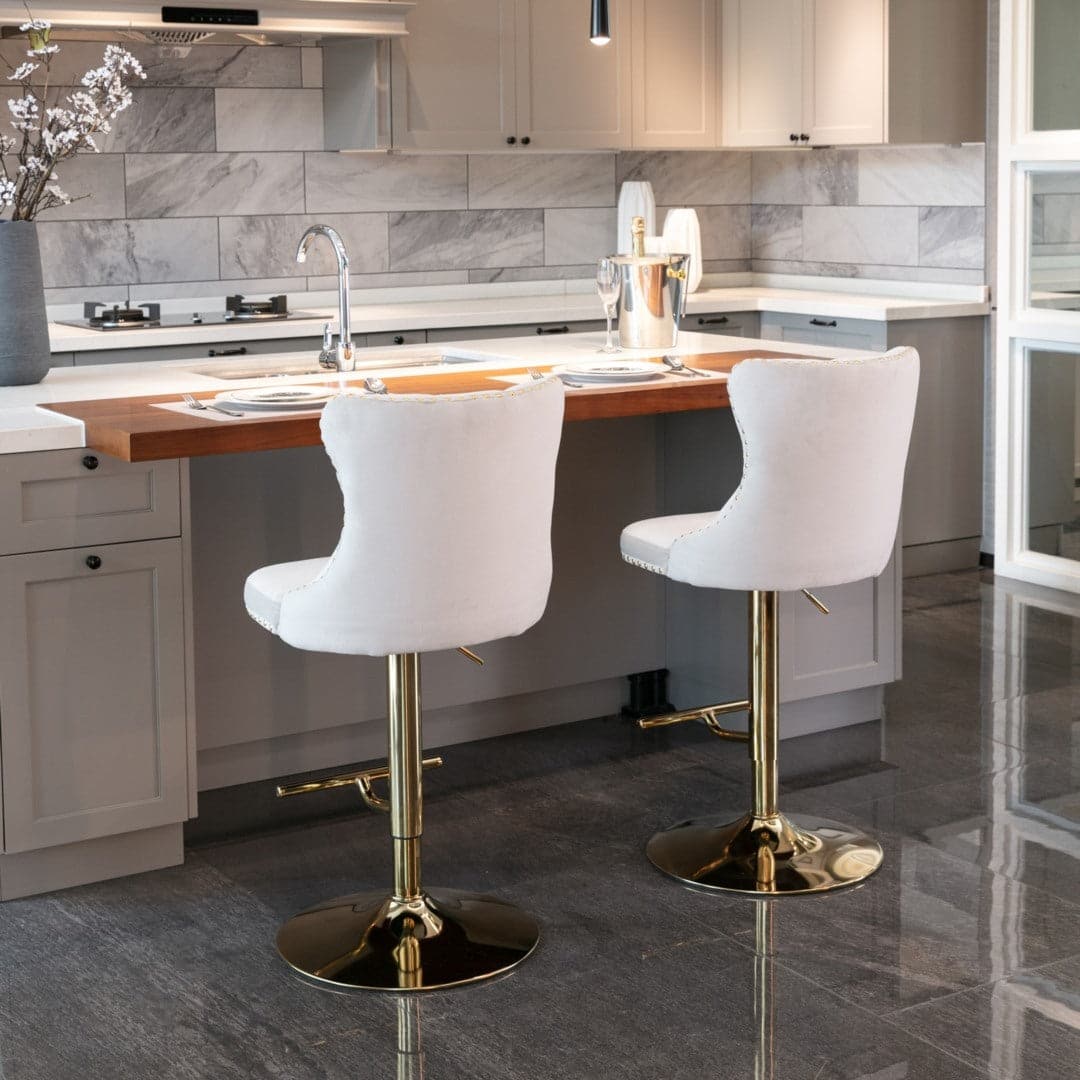 4x Height Adjustable Swivel Bar Stool Velvet Studs Barstool with Footrest and Golden Base- Beige-Furniture &gt; Bar Stools &amp; Chairs-PEROZ Accessories