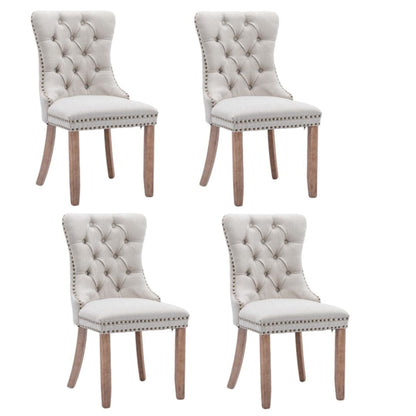 4x AADEN Modern Elegant Button-Tufted Upholstered Linen Fabric with Studs Trim and Wooden legs Dining Side Chair-Beige-Furniture &gt; Bar Stools &amp; Chairs-PEROZ Accessories
