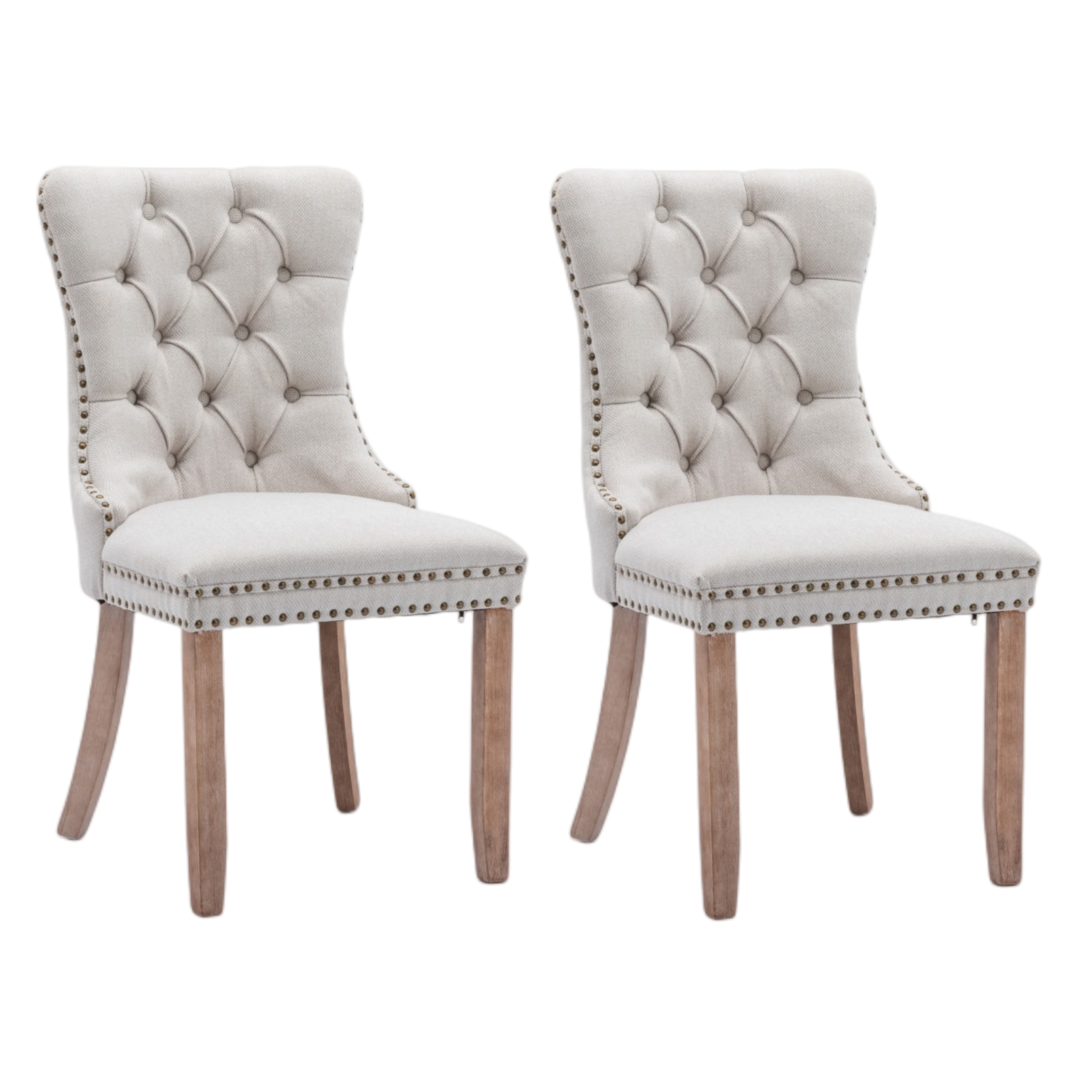 4x AADEN Modern Elegant Button-Tufted Upholstered Linen Fabric with Studs Trim and Wooden legs Dining Side Chair-Beige-Furniture &gt; Bar Stools &amp; Chairs-PEROZ Accessories