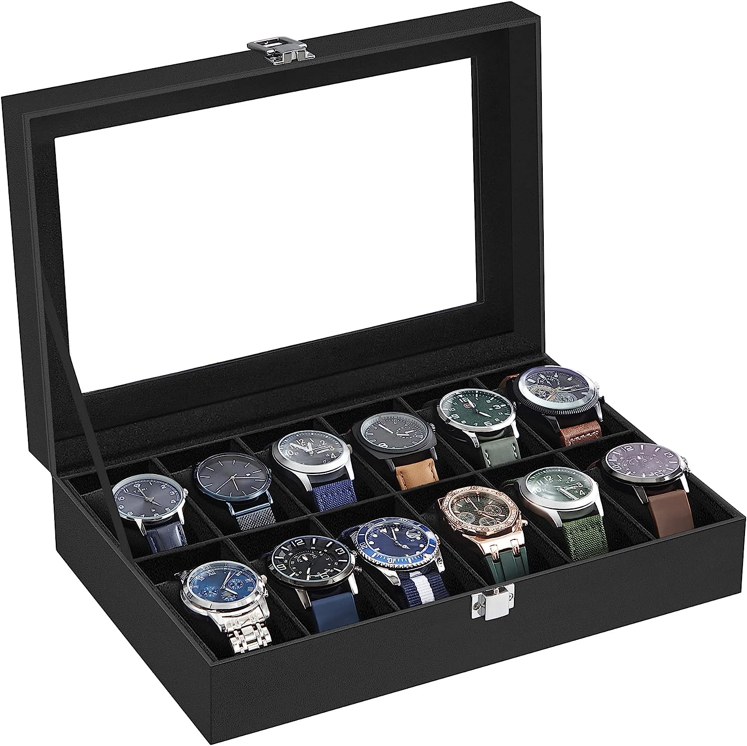 SONGMICS 12-Slot Watch Box with Large Glass Lid and Removable Watch Pillows Black Lining-Men&