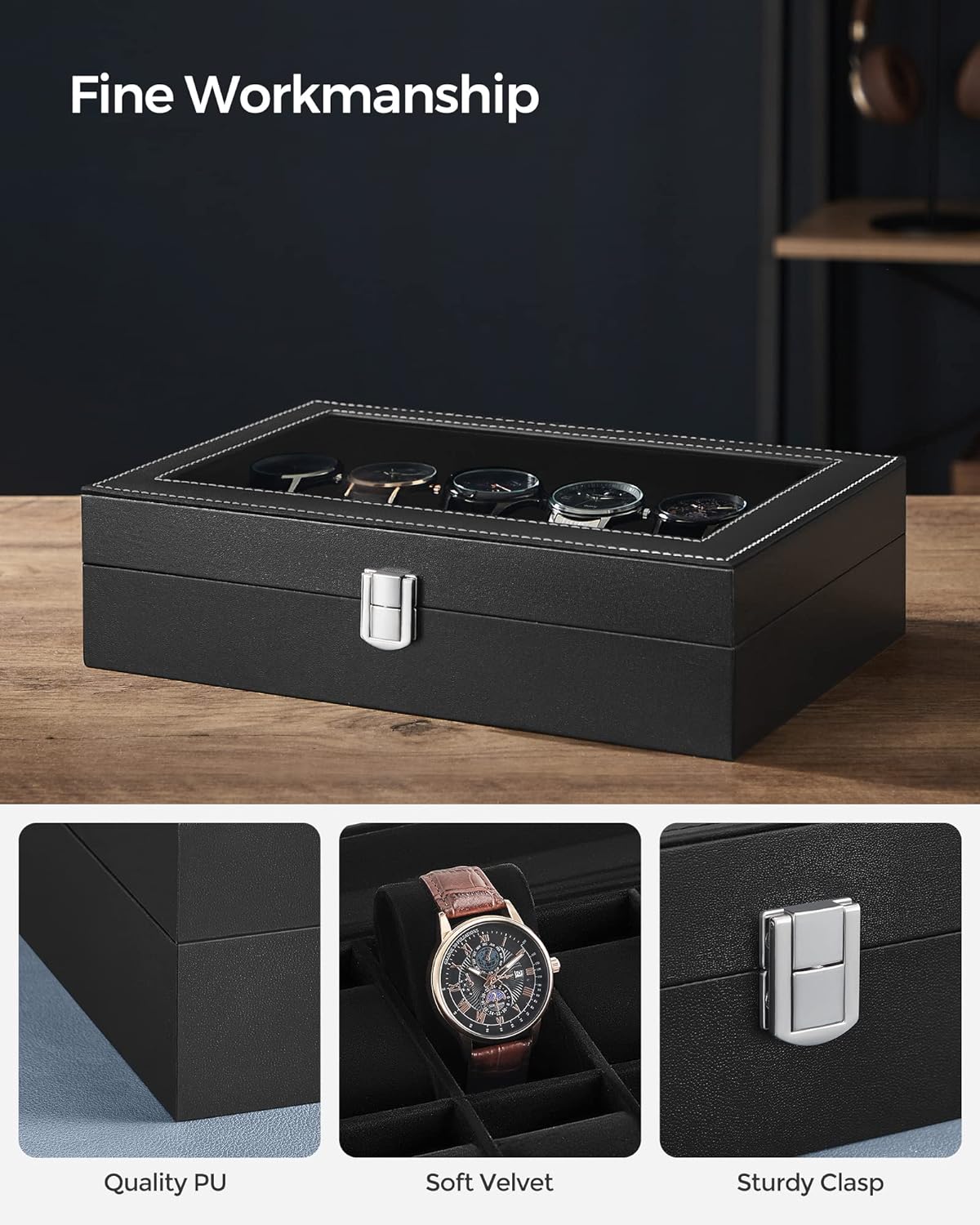 SONGMICS 12-Slot Watch Box with Large Glass Lid and Removable Watch Pillows Black Lining-Men&