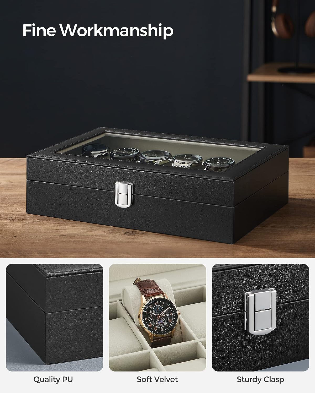 SONGMICS 12 Slots Watch Box with Glass Lid and Removable Watch Pillows Beige Lining-Men&