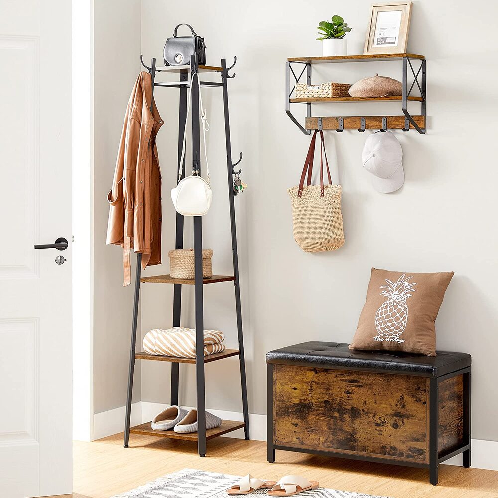 VASAGLE Coat Rack Stand with 3 Shelves Rustic Brown and Black LCR80X-Furniture &gt; Living Room-PEROZ Accessories