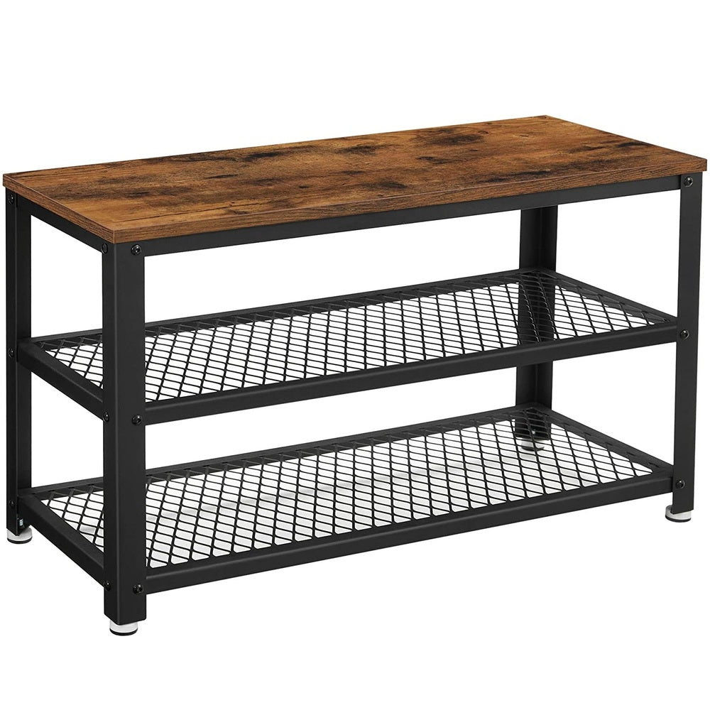 VASAGLE Shoe Bench with Seat Shoe Rack with 2 Mesh Shelves Rustic Brown and Black LBS73X-Furniture &gt; Living Room-PEROZ Accessories